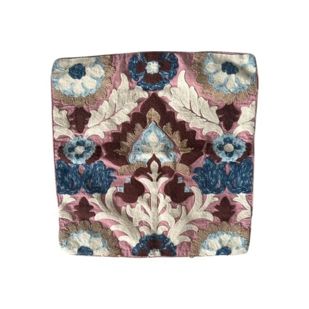 Crewel Embroidered Suzani Pillow Cover 18x18 Boho Cottagecore Floral Mauve